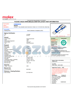 0190020030 datasheet - Avikrimp Fully Insulated Quick Disconnect, Female, for 14-16 AWG Wire, Metal Strip