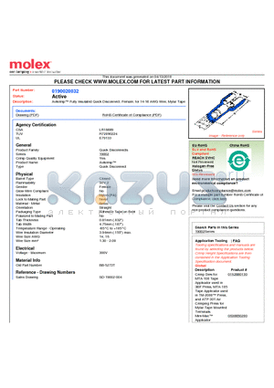 0190020032 datasheet - Avikrimp Fully Insulated Quick Disconnect, Female, for 14-16 AWG Wire, Mylar Tape