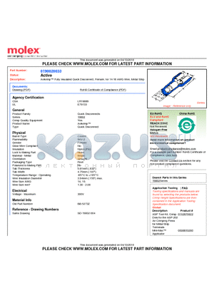 0190020033 datasheet - Avikrimp Fully Insulated Quick Disconnect, Female, for 14-16 AWG Wire, Metal Strip