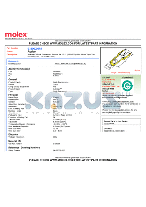 0190020045 datasheet - AvikrimpQuick Disconnect, Female, for 10-12 (5.00-3.30) Wire, Mylar Tape, Tab 6.35mm (.250