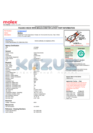0190030027 datasheet - InsulKrimp Quick Disconnect, Female, for 18-22 (0.80-0.35), Box, Tab 2.79mm(.110
