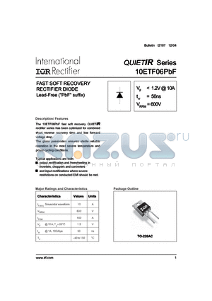 10ETF06PBF datasheet - FAST SOFT RECOVERY RECTIFIER DIODE Lead-Free