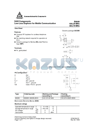 C61157-A7-A46 datasheet - SAW Components Low-Loss Duplexer for Mobile Communication