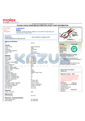 0190030075 datasheet - InsulKrimp Quick Disconnect, Female, for 18-22 (0.80-0.35), Mylar Tape, Tab5.21mm (.205