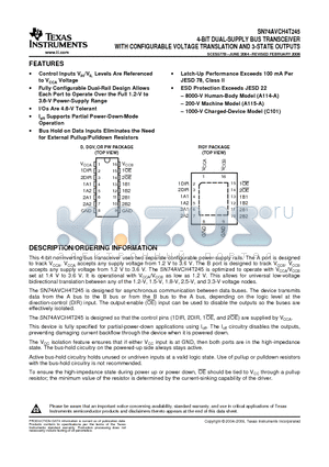 74AVCH4T245PWTE4 datasheet - 4-BIT DUAL-SUPPLY BUS TRANSCEIVER WITH CONFIGURABLE VOLTAGE TRANSLATION AND 3-STATE OUTPUTS