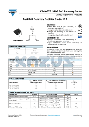10ETF10STRLPBF datasheet - Fast Soft Recovery Rectifier Diode, 10 A