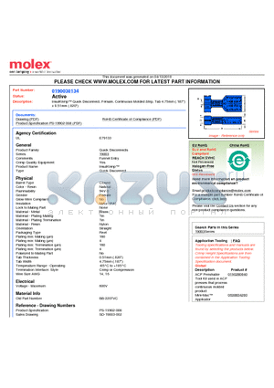 0190030134 datasheet - InsulKrimp Quick Disconnect, Female, Continuous Molded Strip, Tab 4.75mm (.187