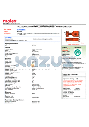0190030111 datasheet - InsulKrimp Quick Disconnect, Female, Continuous Molded Strip, Tab 6.35mm (.250