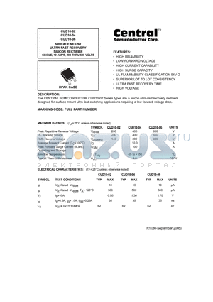 CUD10-06 datasheet - SURFACE MOUNT ULTRA FAST RECOVERY SILICON RECTIFIER SINGLE, 10 AMPS, 200 THRU 600 VOLTS