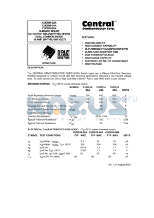 CUDD16-04A datasheet - SURFACE MOUNT ULTRAFAST RECOVERY RECTIFIERS DUAL, COMMON ANODE 16 AMP, 200 THRU 800 VOLTS