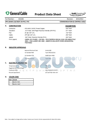 C6118A datasheet - 2PR 18AWG (16/30)TC SR-PVC, PVC COMMUNICATION & CONTROL CABLE