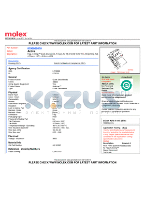 0190060010 datasheet - Flag Avikrimp Quick Disconnect, Female, for 18-22 (0.80-0.35) Wire, Metal Strip, Tab4.75mm (.187