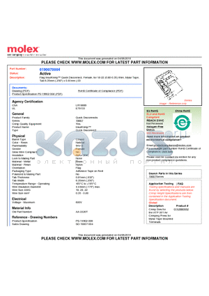 0190070004 datasheet - Flag InsulKrimp Quick Disconnect, Female, for 18-22 (0.80-0.35) Wire, Mylar TapeTab 6.35mm (.250