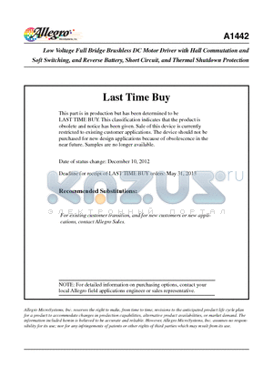 A1442 datasheet - Low Voltage Full Bridge Brushless DC Motor Driver with Hall Commutation
