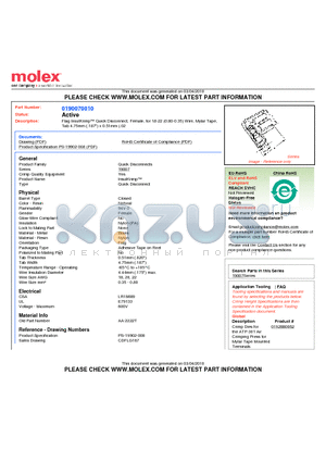 0190070010 datasheet - Flag InsulKrimp Quick Disconnect, Female, for 18-22 (0.80-0.35) Wire, Mylar TapeTab 4.75mm (.187