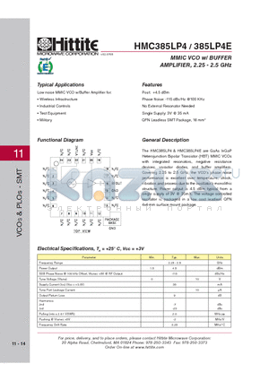 385LP4E datasheet - MMIC VCO w/ BUFFER AMPLIFIER, 2.25 - 2.5 GHz