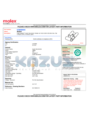 0190080001 datasheet - Flag Krimptite Quick Disconnect, Female, for 18-22 (0.80-0.35) Wire, Box, Tab4.75mm (.187