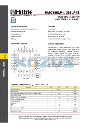 386LP4E datasheet - MMIC VCO w/ BUFFER AMPLIFIER, 2.6 - 2.8 GHz