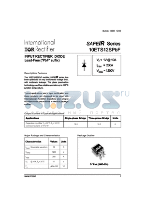 10ETS12SPBF datasheet - INPUT RECTIFIER DIODE Lead-Free (