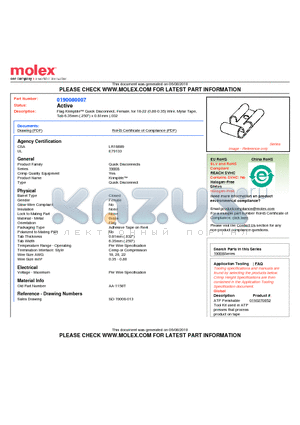 0190080007 datasheet - Flag Krimptite Quick Disconnect, Female, for 18-22 (0.80-0.35) Wire, Mylar Tape,Tab 6.35mm (.250