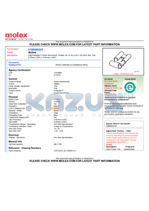 0190080024 datasheet - Flag Krimptite Quick Disconnect, Female, for 14-16 (2.00-1.30) Wire, Box, Tab6.35mm (.250