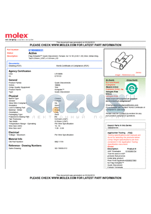 0190080031 datasheet - Flag Krimptite Quick Disconnect, Female, for 14-16 (2.00-1.30) Wire, Metal StripTab 6.35mm (.250