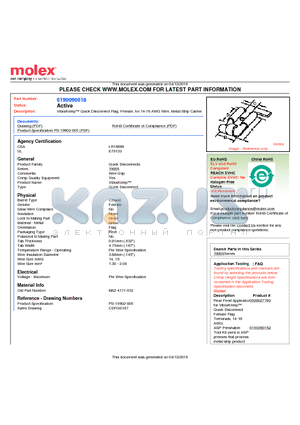 0190090018 datasheet - VibraKrimp Quick Disconnect Flag, Female, for 14-16 AWG Wire, Metal Strip Carrier