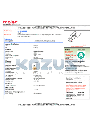 0190160005 datasheet - Krimptite Quick Disconnect, Female, for 18-22 (0.80-0.35) Wire, Box, Tab 4.75mm(.187