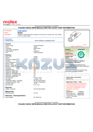 0190160075 datasheet - Krimptite Quick Disconnect, Female, for 24-26 (0.20-0.12) Wire, Box, Tab 2.79mm(.110