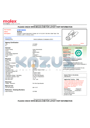 0190160043 datasheet - Krimptite Quick Disconnect, Female, for 14-16 (2.00-1.30) Wire, Mylar Tape, Tab6.35mm (.250