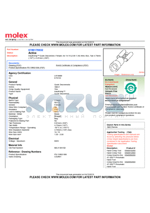 0190170032 datasheet - InsulKrimp Quick Disconnect, Female, for 14-16 (2.00-1.30) Wire, Box, Tab 4.75mm(.187