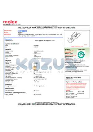 0190180013 datasheet - VibraKrimp Quick Disconnect, Female, for 14-16 (2.00-1.30) Wire, Mylar Tape, Tab4.75mm (.187