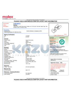 0190180015 datasheet - VibraKrimp Quick Disconnect, Female, for 14-16 (2.00-1.30) Wire, Mylar Tape, Tab6.35mm (.250