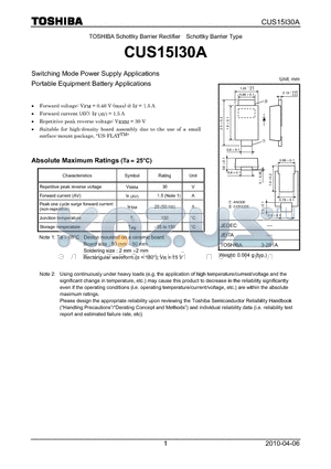 CUS15I30A datasheet - Switching Mode Power Supply Applications Portable Equipment Battery Applications