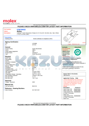 0190190022 datasheet - Avikrimp Quick Disconnect, Female, for 14-16 (2.00-1.30) Wire, Box, Tab 2.79mm(.110