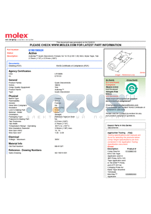 0190190024 datasheet - Avikrimp Quick Disconnect, Female, for 14-16 (2.00-1.30) Wire, Mylar Tape, Tab2.79mm (.110