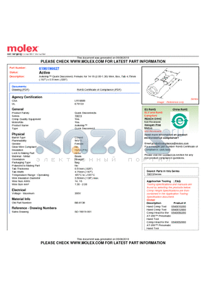 0190190027 datasheet - Avikrimp Quick Disconnect, Female, for 14-16 (2.00-1.30) Wire, Box, Tab 4.75mm(.187