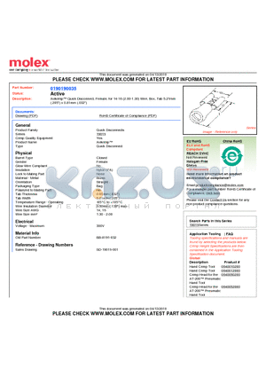 0190190035 datasheet - Avikrimp Quick Disconnect, Female, for 14-16 (2.00-1.30) Wire, Box, Tab 5.21mm(.205