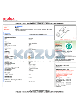 0190190037 datasheet - Avikrimp Quick Disconnect, Female, for 10-12 (5.00-3.30) Wire, Box, Tab 6.35mm(.250