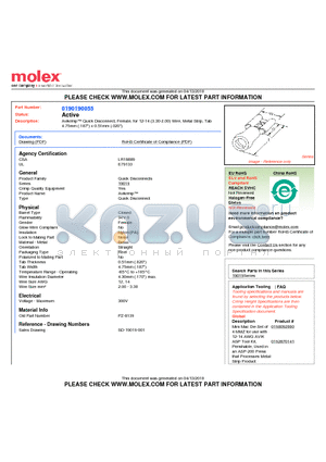 0190190055 datasheet - Avikrimp Quick Disconnect, Female, for 12-14 (3.30-2.00) Wire, Metal Strip, Tab4.75mm (.187