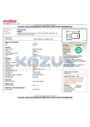 0190220009 datasheet - Krimptite Quick Disconnect, Male, for 18-22 (0.80-0.35) Wire, Mylar Tape, Tab4.75mm (.187