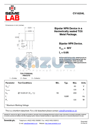 CV10254L datasheet - Bipolar NPN Device in a Hermetically sealed TO5