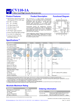 CV110-1AF datasheet - Cellular-band High Linearity Downconverter