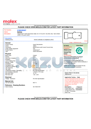 0190240007 datasheet - VibraKrimp Quick Disconnect, Male, for 14-16 (2.00-1.30) Wire, Box, Tab 6.35mm(.250