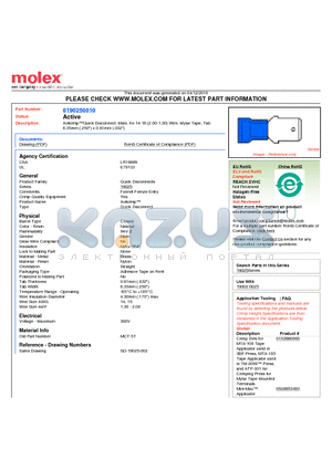 0190250010 datasheet - AvikrimpQuick Disconnect, Male, for 14-16 (2.00-1.30) Wire, Mylar Tape, Tab6.35mm (.250