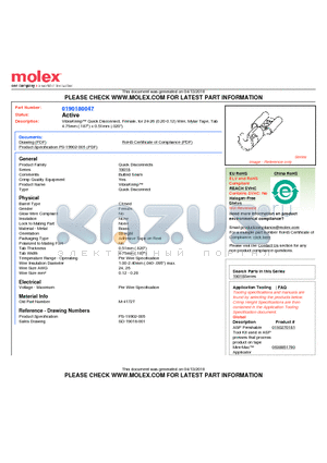 0190180047 datasheet - VibraKrimp Quick Disconnect, Female, for 24-26 (0.20-0.12) Wire, Mylar Tape, Tab4.75mm (.187