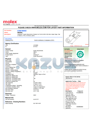 0190190003 datasheet - Avikrimp Quick Disconnect, Female, for 18-22 (0.80-0.35) Wire, Mylar Tape, Tab2.79mm (.110