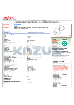 0190190005 datasheet - Avikrimp Quick Disconnect, Female, for 18-22 (0.80-0.35) Wire, Mylar Tape, Tab2.79mm (.110