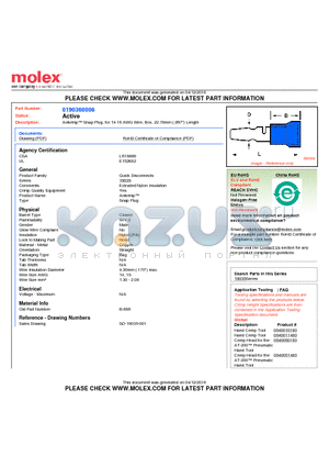 0190360008 datasheet - Avikrimp Snap Plug, for 14-16 AWG Wire, Box, 22.78mm (.897