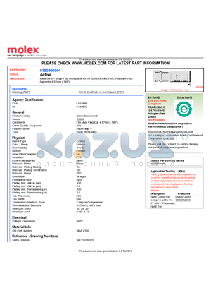 0190380004 datasheet - InsulKrimp Snap Plug Receptacle for 18-22 AWG Wire, PVC, Fits Male PlugDiameter 4.57mm (.180